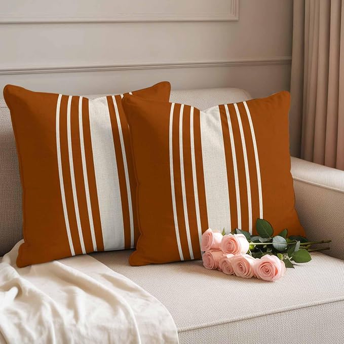 Throw Pillow Covers 18x18 Inch Set of 2, Burnt Orange Beige Striped Waterproof Outdoor Cushion Covers, Modern Farmhouse Retro Lines Decorative Pillowcases for Couch, Sofa, Bed, Garden, Patio