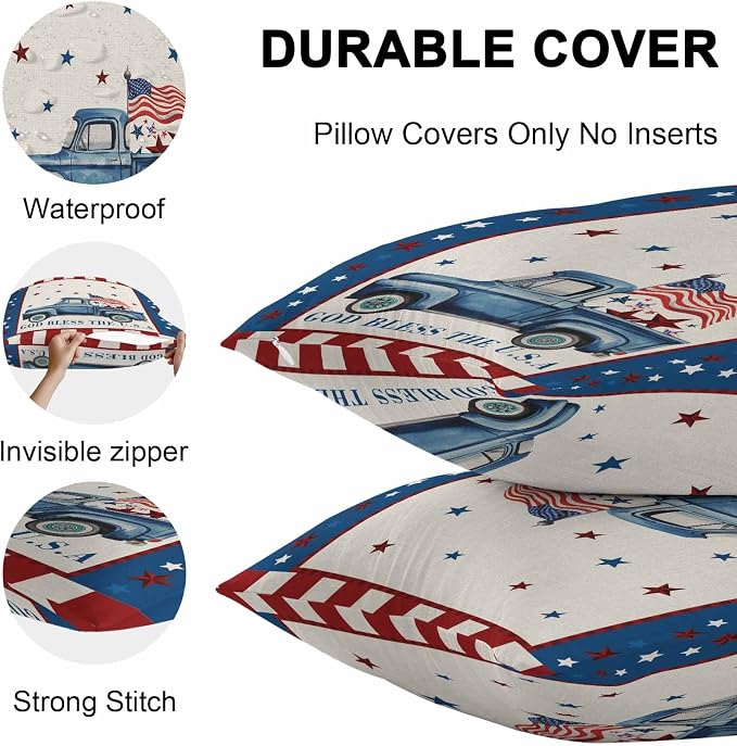 Independence Day Outdoor Pillow Covers Set of 2,Farm Blue Truck American Flag Star Decorative Waterproof Throw Pillow Case, Patriotic Red Plaid Cotton Linen Soft Cozy Cushion Pillowcases 16x16In