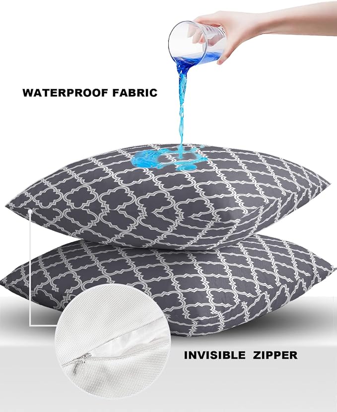 Outdoor Waterproof Pillow Covers for Patio Furniture Moroccan Pattern Decorative Throw Pillow Cover Dark Grey Pillowcases Set of 2 Cushion Case for Sofa Couch Chair Home Decor 16x16 inch