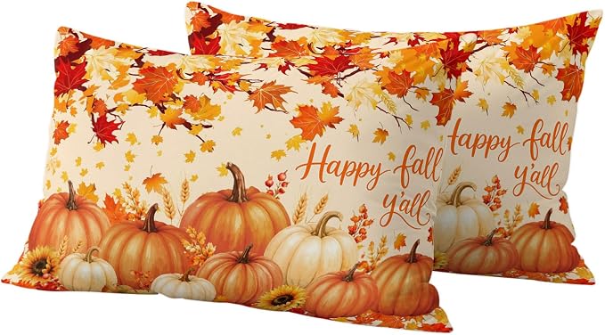 Orange Fall Waterproof Outdoor Pillow Covers 20''x12'' Set of 2, Maple Tree Branch Thanksgiving Pumpkin Patio Cushion Covers for Chairs,Decorative Countryside Leaves Pillow Cases for Garden/Pool/Beach
