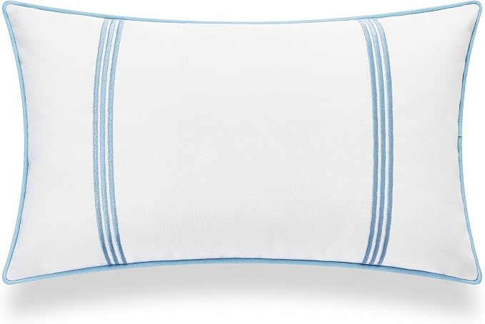 Hofdeco Premium Coastal Hampton Style Patio Indoor Outdoor Lumbar Pillow Cover Only, 12"x20" Water Resistant for Backyard, Couch, Baby Blue Embroidered Vertical Line