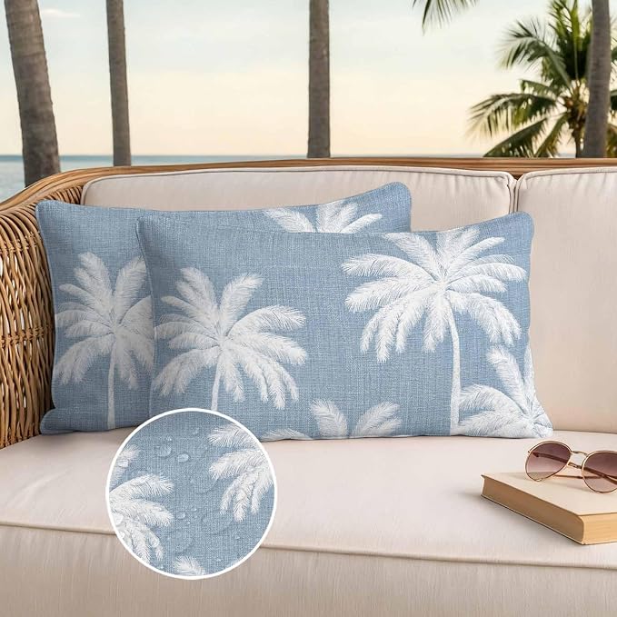 Lumbar Pillow Covers 20x12 Inch Set of 2, Light Blue Palm Trees Waterproof Outdoor Pillow Covers, Farmhouse Tropical Summer Beach Decorative Cushion Pillowcases for Couch, Sofa, Bed, Garden, Patio