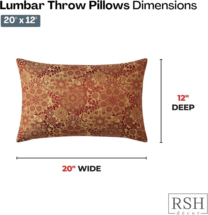 RSH DECOR: Outdura Lumbar Throw Pillows Set of 2 | 20" x 12" | Water and Fade-Resistant Performance Fabric | Outdoor Pillow Covers with Down-Alternative Inserts | Made in USA (Marrakech Salsa)