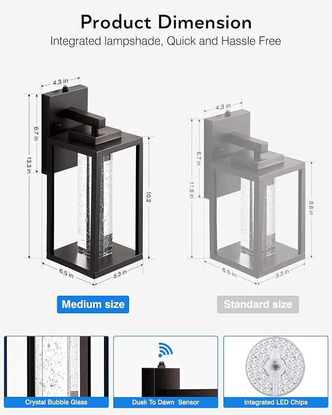 VIANIS Oil Rubbed Bronze Outdoor House Lights Fixtures Wall Mount, 2 Packs Large Dusk to Dawn Exterior Wall Sconce Lantern, Waterproof Farmhouse Built-in Rectangular LED Outdoor Porch Light for Garage
