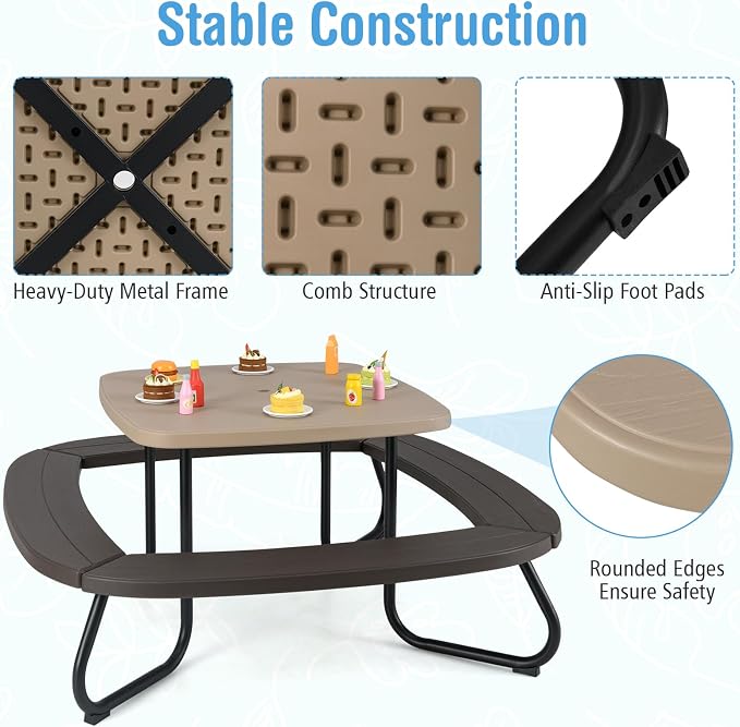HONEY JOY Kids Picnic Table, 8 Person Toddler Outdoor Table and Chair Set, 4 Built-in Benches, Removable Umbrella, Metal Frame & HDPE Top, Children Outdoor Furniture for Backyard Patio Garden (Coffee)
