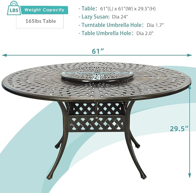 MEETWARM Outdoor 61" Large Patio Round Dining Table for 6-8 Person, All Weather Cast Aluminum Patio Dining Table with 24" Lazy Susan Turntable, Umbrella Hole for Balcony, Porch and Deck