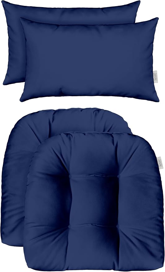 RSH DECOR: Tufted U-Shapes & Lumbars 2 of Each | 19” x 19” & 20" x 12" | Water-Resistant Spun Fabric | Outdoor Wicker Cushions & Support Pillows for Patio Furniture | Navy
