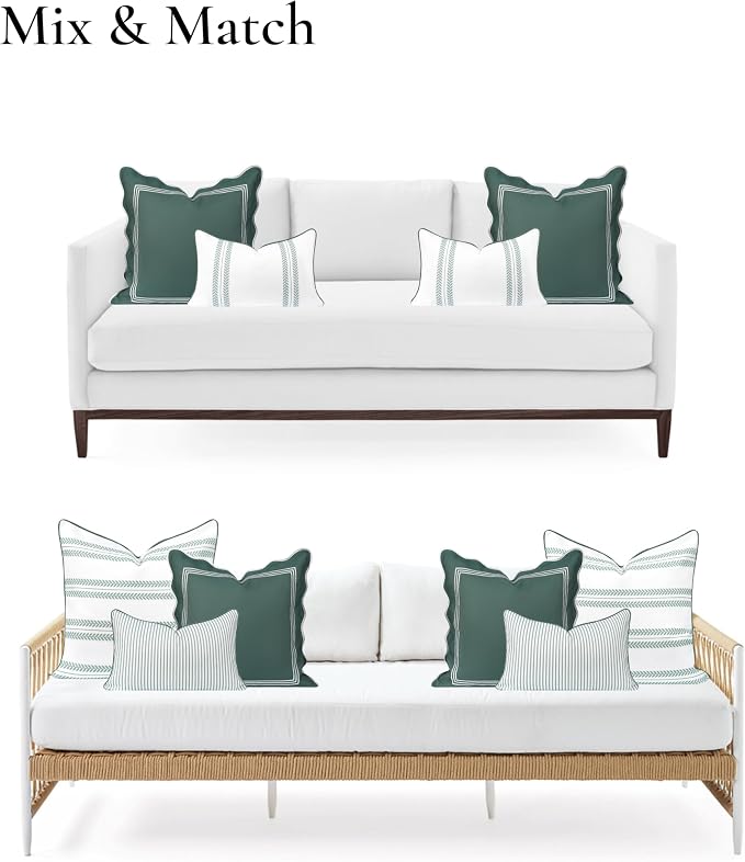 Hofdeco Premium Coastal Grandmillennial Scalloped Patio Indoor Outdoor Throw Pillow Cover Only, 20"x20" Water Repellent for Backyard, Couch, Poolside, Forest Green Embroidered Frame