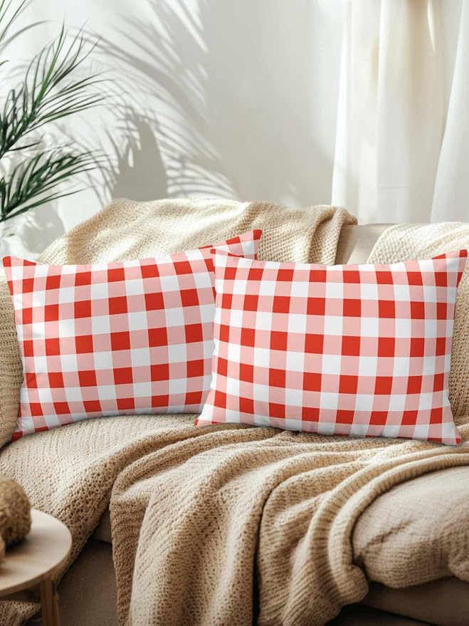 Waterproof Outdoor Pillow Set of 2 Red Buffalo Plaid Decorative Throw Pillows Cover & Insert 20x12 Inch Lumbar Pillowcase Check Lines Pillows for Couch Sofa Bed Patio Furniture Indoor Outdoor