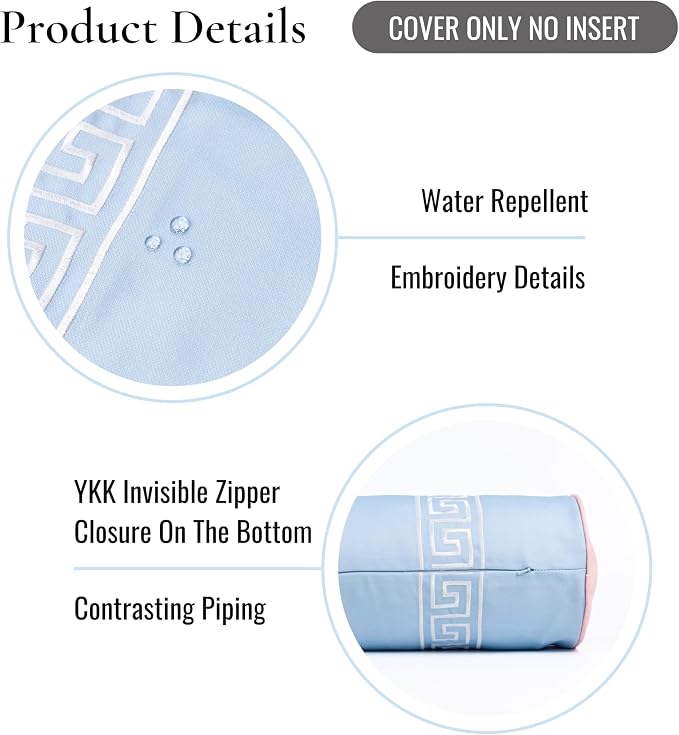 Hofdeco Premium Coastal Grandmillennial Patio Indoor Outdoor Bolster Pillow Cover Only, 8"x24" Water Repellent for Backyard, Couch, Poolside, Baby Blue Pink Embroidered Greek Key