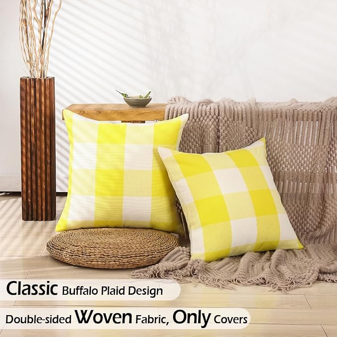 CARRIE HOME Yellow Buffalo Plaid Summer Outdoor Pillow Covers 18x18 Set of 2, Yellow Checkered Decorative Couch Pillow Covers 18 x 18, Front and Back Porch Decor Pillows for Patio Furniture
