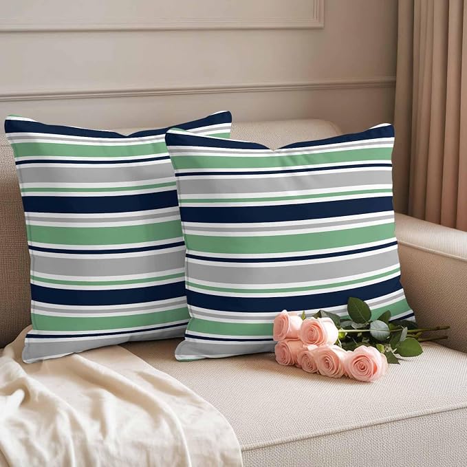 Outdoor Pillow Covers 18 x 18 Inches, Green Grey Striped Waterproof Throw Pillow Cover Set of 2, Farmhouse Stripes Modern Abstract Art Decorative Square Cushion Covers for Patio/Couch/Garden