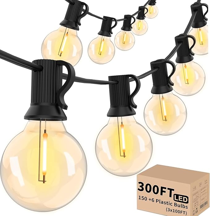 Svater 300 FT Outdoor String Lights for Outside Patio 156 Bulbs Waterproof | Commercial Grade Hanging Globe Lighting, Shatterproof G40 LED Bulbs, For Bistro Cafe Market Backyard Warm White (3*100)