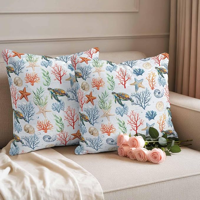 Summer Ocean Outdoor Waterproof Pillow Covers Pack of 2, Blue Nautical Sea Turtles Shells Corals Starfish Decorative Throw Pillowcases Cushion Covers for Garden Patio Tent Sofa Couch, 16x16 inch