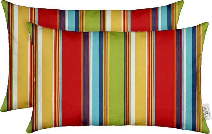 RSH DECOR: Lumbar Throw Pillows Set of 2 | 20” x 12" | All-Weather Spun Fabric | Water and Fade-Resistant | Outdoor Support Pillows for Patio Furniture | Bright Colorful Garden Red Stripe