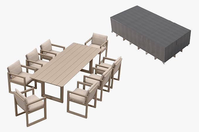PURPLE LEAF Outdoor Dining Set for 8 with Waterproof Furniture Cover Aluminum Luxury Patio Furniture Table and Chairs Set with Removable Thick Cushion for Large Backyard Porch Garden Deck Pool, Khaki