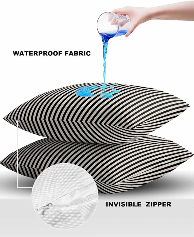 Outdoor Waterproof Throw Pillow Covers Set of 2 Black Stripes Pillowcases 26x26 Inches Linen Classic Vertical Striped Patio Decorative Pillows Cushion Case Patio Pillows for Couch Bed Chair Garden