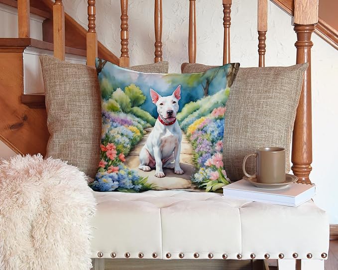 Caroline's Treasures Bull Terrier Spring Path Throw Pillow Machine Washable, Indoor Outdoor Decorative Pillow for Couch, Bed or Patio, 14Hx14W
