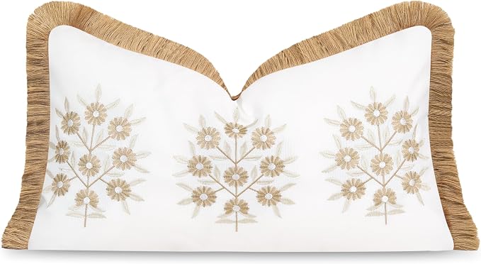 Hofdeco Premium Coastal Patio Indoor Outdoor Lumbar Pillow Cover Only, 12"x20" Water Repellent for Backyard, Couch, Neutral Tan Embroidered Floral with Fringe