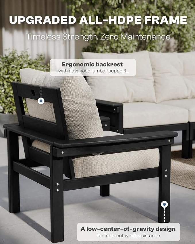 3 Piece HDPE Outdoor Patio Furniture Set, All-Weather 2 Armchairs with Side Table, Patio Conversation Set with Beige Washable Thick Cushion for Balcony,Porch (Black Frame)