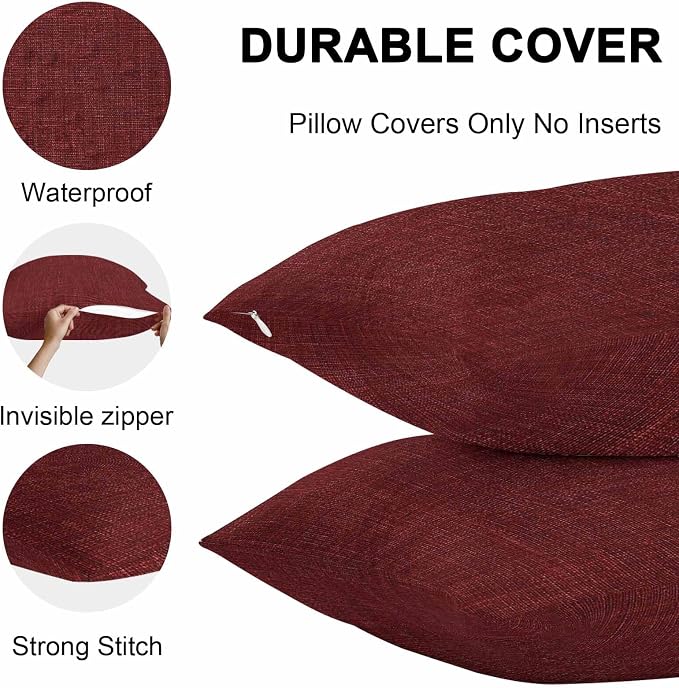 Vandarllin Outdoor Throw Pillows Covers 16x16 inch Set of 2 Waterproof Wine Red Linen Decorative Zippered Cushion Covers for Patio Furniture, Farmhouse Pure Color Lumbar Pillowcases