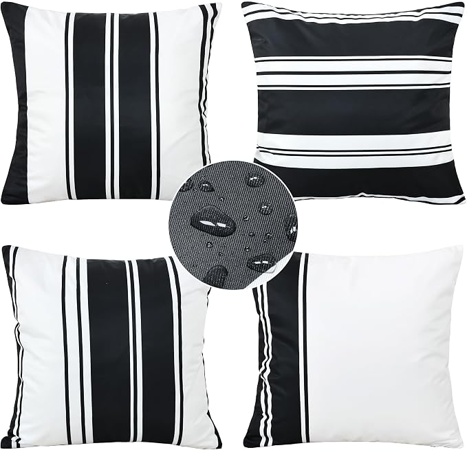 4 Pack Outdoor Waterproof Throw Pillow Covers 18x18 Inch | Striped Black and White Decorative Pillow Cover, Modern Outdoor Cushion Cases for Garden Patio Balcony Bench Couch Sofa