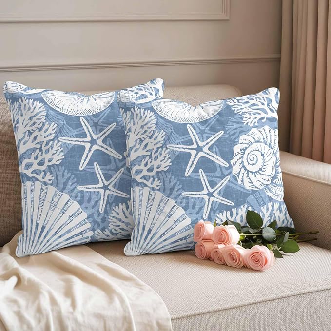 Outdoor Pillow Covers 26x26 Inch Set of 2, Lake Blue Starfish Coastal Waterproof Throw Pillow Covers, Summer Coral Shell Beach Nautical Decorative Cushion Pillowcases for Couch Sofa Bed Garden Patio