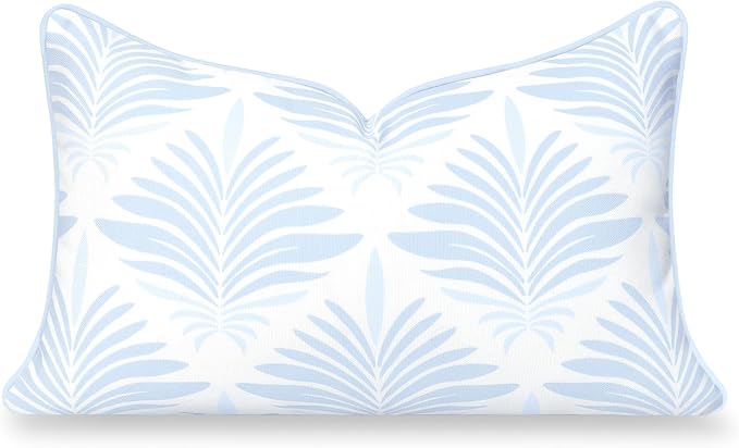 Hofdeco Premium Grandmillennial Coastal Hampton Patio Indoor Outdoor Lumbar Pillow Cover Only, 12"x20" Water Repellent for Backyard, Couch, Poolside, Baby Blue Print Abstract Plam Leaves