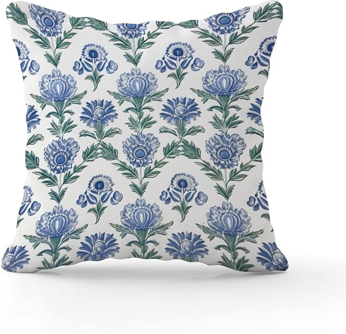 Mughal Flower Throw Pillow Covers Blue Lotus Floral Throw Pillow Cover Modern Outdoor Waterproof Decorative Pillow Cover for Patio Couch Sofa 20x20 in