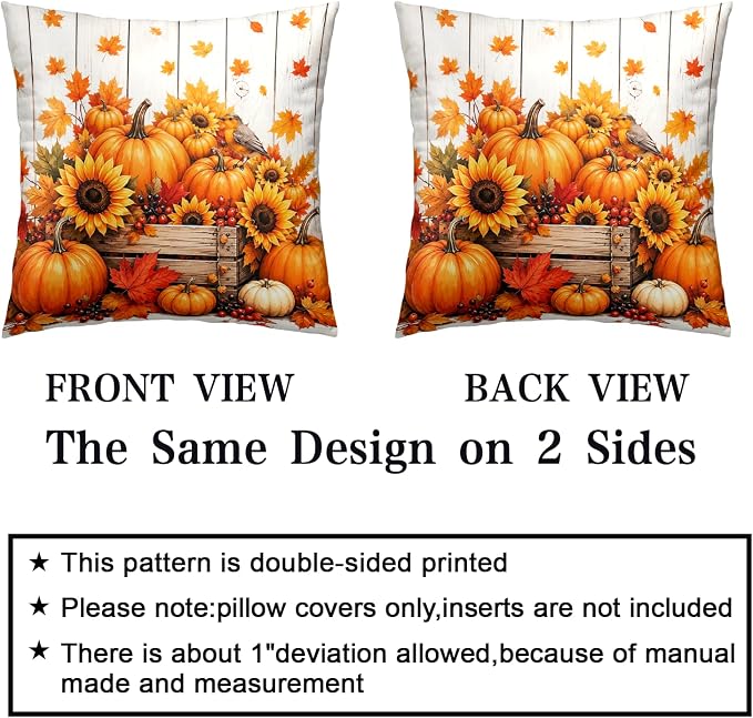 Autumn Pumpkin Throw Pillow Covers Fall Pillow Covers 18x18 Set of 2 Thanksgiving Maple Leaf Pillow Cases Harvest Sunflowers Cushion Cases for Sofa Couch Porch Patio