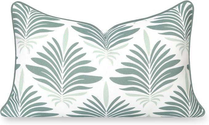 Hofdeco Premium Coastal Hampton Patio Indoor Outdoor Lumbar Pillow Cover Only, 12"x20" Water Repellent for Backyard, Couch, Poolside, Celadon Green Print Abstract Plam Leaves