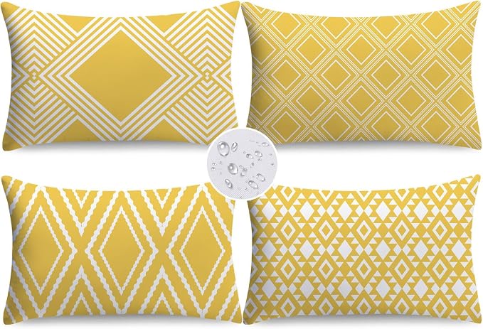 NIGHTWISH Outdoor Waterproof Pillow Covers 12x20 Set of 4 Yellow and White Modern Geometry Decorative Outdoor Throw Pillows Boho Cushion Cases for Patio Furniture Bench Couch Sunbrella
