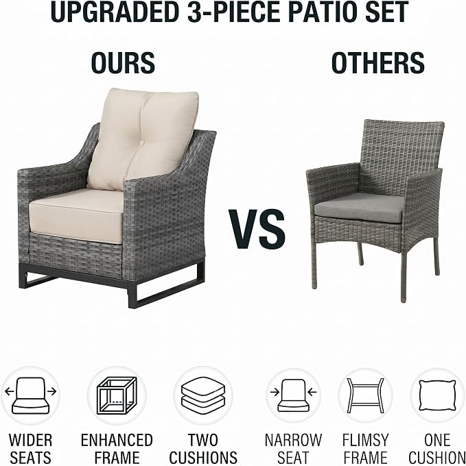 3 Pack Patio Furniture Set with 6" Thick Cushions, Dienspeak Rattan Wicker Patio Set with Two Outdoor Chairs and Table, High Back Rattan Chair with Comfy Cushions for for Porch, Garden Poolside Balcon