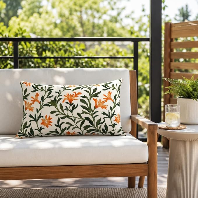 Outdoor Lumbar Pillows 12"x20" Waterproof Patio Pillows with Inserts | Set of 2 Fade Resistant Outdoor Waterproof Lumbar Pillow Decorative Garden Lumbar Cushions for Home Patio Terrace Sofa