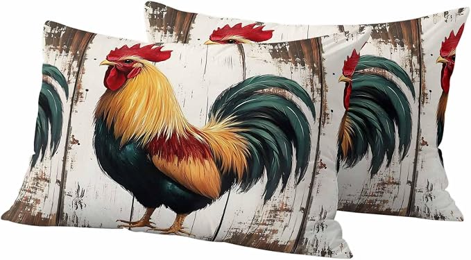 Vintage Rooster Outdoor Waterproof Throw Pillow Covers 20x12 Set of 2, Retro Farmhouse Rooster Watercolor Decorative Pillowcases Cushion Pillowcase for Couch Sofa Patio Outside Pillow Protector