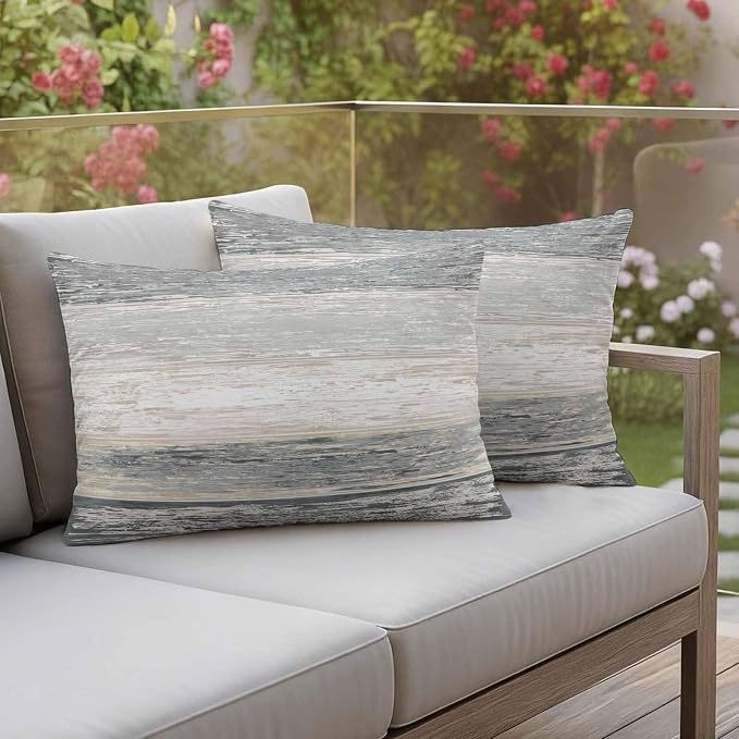 Outdoor Waterproof Throw Pillow Covers, Vintage Black Grey Decorative Pillow Cases, Farmhouse Barn Wooden Striped Couch Pillow Protector Patio Sofa Cushion Covers Replacement 20"x12" 2 Pack