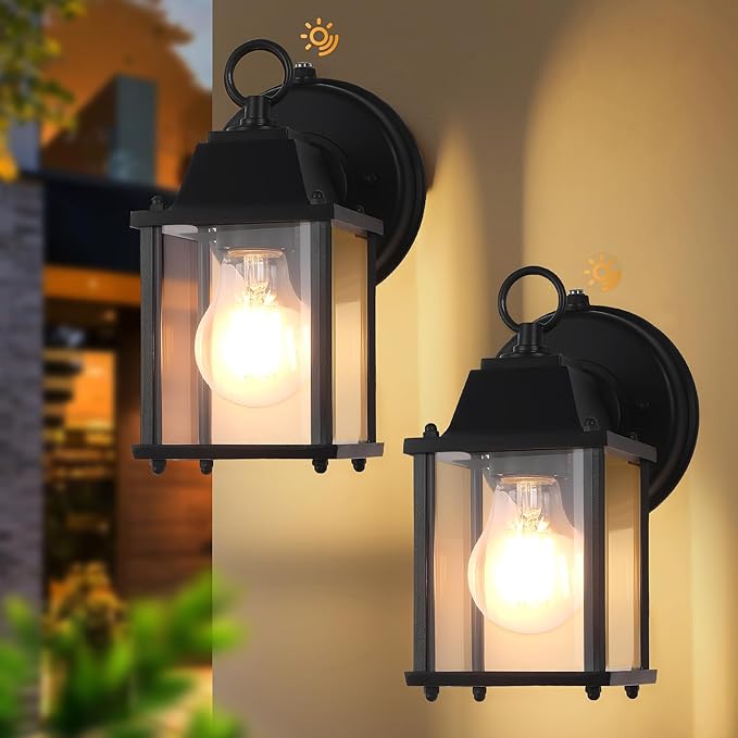 Dawn to Dusk Sensor Outdoor Wall Light Fixtures Waterproof Porch Lights Anti-Rust Black Exterior Lighting Fixtures Outdoor Wall Lantern for House -2 Pack