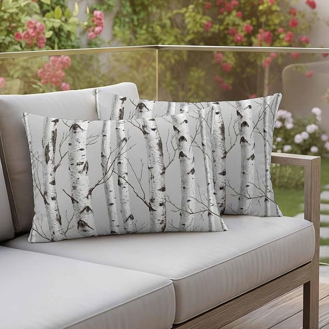 Nature Birch Trees Outdoor Waterproof Pillow Covers Pack of 2, Modern Gray Modern Tree Bark Texture Forest Throw Pillowcases Decorative Cushion Covers for Garden Patio Tent Sofa Couch, 20x12 inch