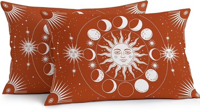 Celestial Sun and Moon Waterproof Outdoor Pillow Covers Set of 2 Home Decor, Burnt Orange Starry Galaxy Boho Lumbar Pillowcase Patio Pillow Covers for Couch Bench Patio Furniture Garden 20x12in