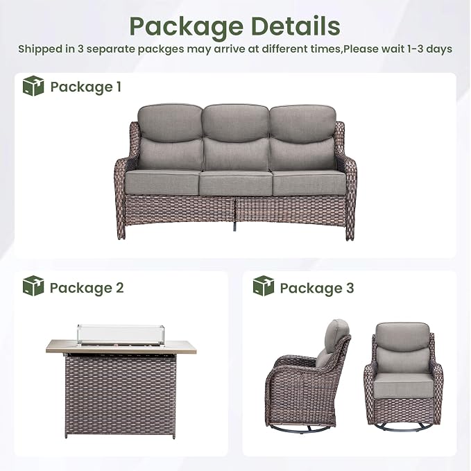 Luxury Patio Furniture Set with 6-inch Thick Cushion, Outdoor Furniture with Fire Pit Table, Swivel Chairs, Sofa, 4pcs Wicker Conversation Set for Deck Yard and Poolside(Brown Wicker/Grey Cushion)