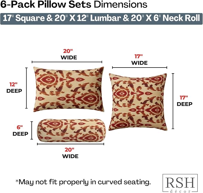 RSH DECOR: 6-Pack Pillow Set | Sunbrella Performance Fabric |Water & Fade-Resistant| 17" Square, 20"x12" Lumbar, 20"x6" Neck Roll | Outdoor Pillows for Patio Furniture | Made in USA (Bukhara Russet)