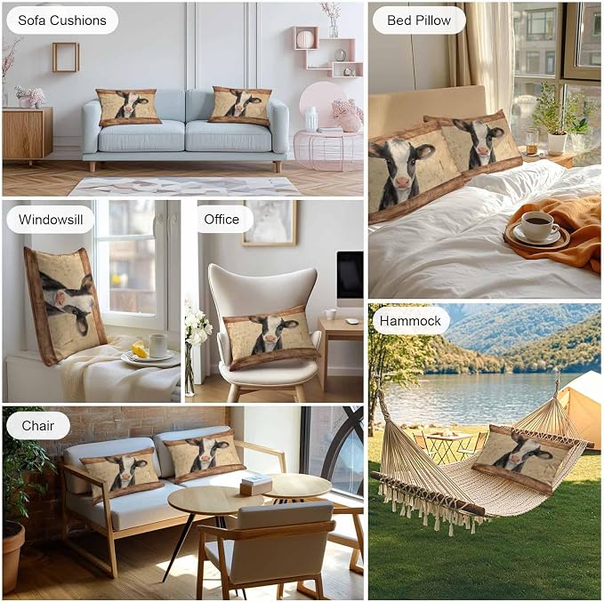Farmhouse Cow Outdoor Pillow Covers 20x12 Inch Lumbar Pillow Covers Set of 2 Waterproof Decorative Throw Pillow Cases Country Vintage Animals Wooden Grain Cushion Covers for Patio Furniture Garden