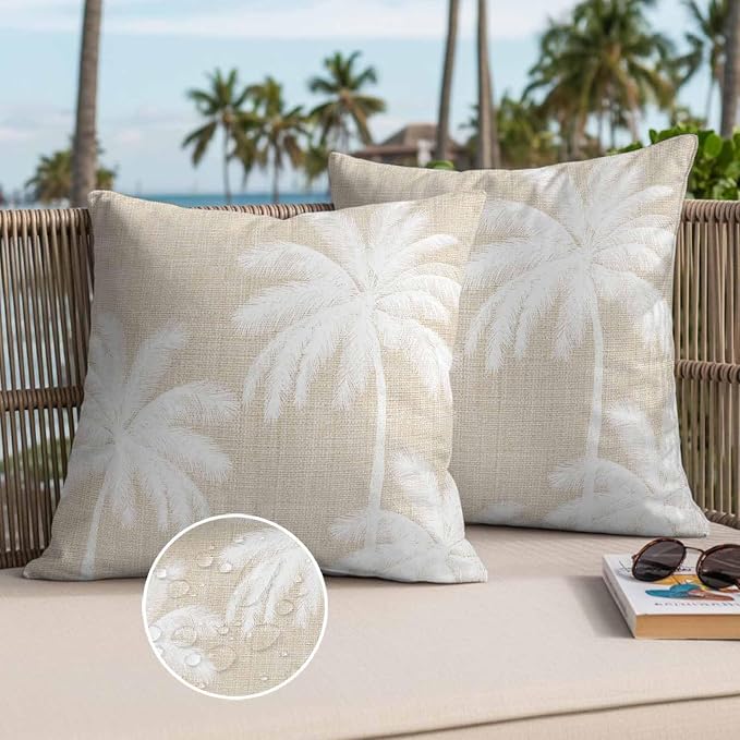 Outdoor Pillow Covers 16x16 Inch Set of 2, Beige Palm Trees Waterproof Throw Pillow Covers, Farmhouse Tropical Summer Beach Decorative Cushion Pillowcases for Couch, Sofa, Bed, Garden, Patio