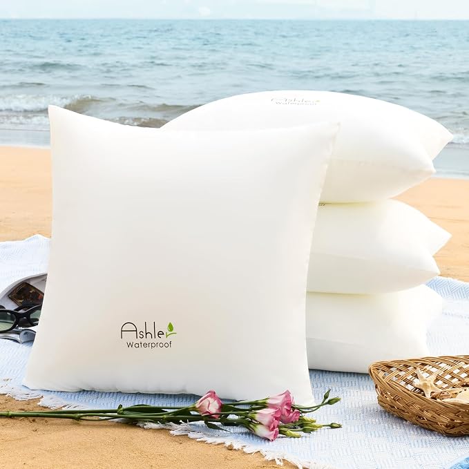 Outdoor Pillows 28 X 28 Pillow Inserts Pack of 4, Water-Resistant Decorative Premium Square Pillow Stuffer Sham Waterproof Pillow for Sofa Couch, Porch Patio Living Room Bedroom Furniture