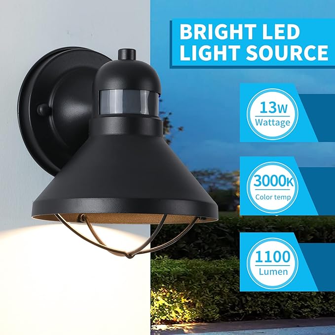 Dusk to Dawn Motion Sensor Outdoor LED Porch Wall Light Fixture | Exterior Barn Lantern Black Farmhouse Sconce Lighting Rustic Wall Mount Lamp for Garage Patio Balcony Entryway Doorway