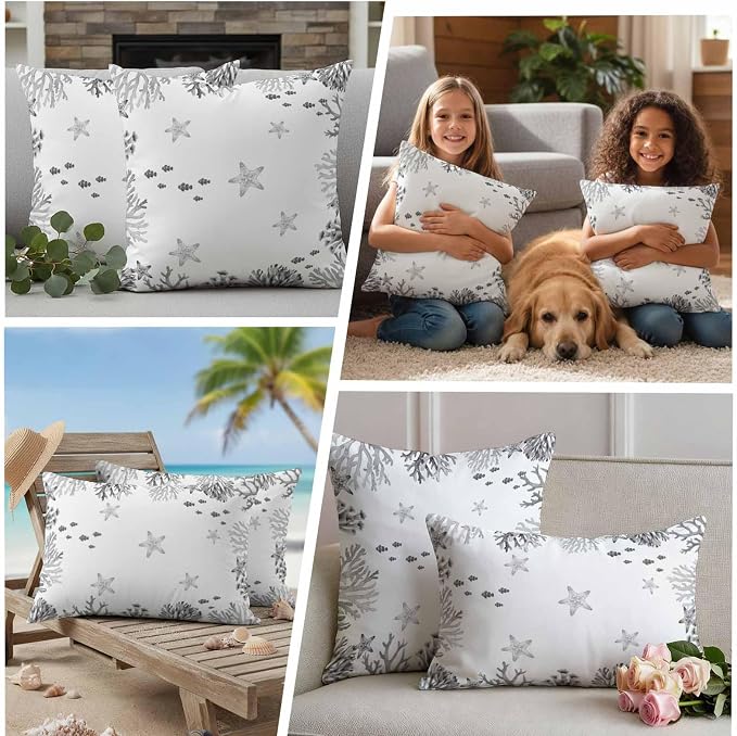 Summer Ocean Grey Coral Outdoor Waterproof Throw Pillow Covers Set of 2, 20"x12", Nautical Sea Watercolor Fish Starfish Decorative Pillow Covers Outside Cushion Case for Patio Porch Garden
