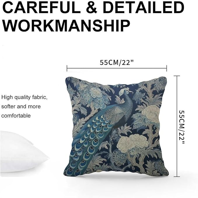 Blue Peacock Chinoiserie Throw Pillow Covers Blue Grey Asian Flower Throw Pillow Cover Farmhouse Farmhouse Decor Pillow for Patio Couch Tent Sofa 22x22 in