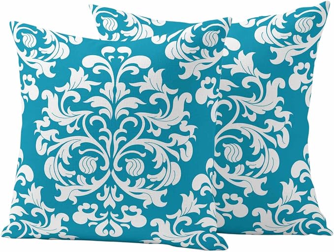 Outdoor Waterproof Pillow Covers for Patio Vintage Floral Teal Decorative Throw Pillow Cover Rustic Pillowcases Set of 2 Cushion Case for Sofa Couch Chair 18x18 Inch