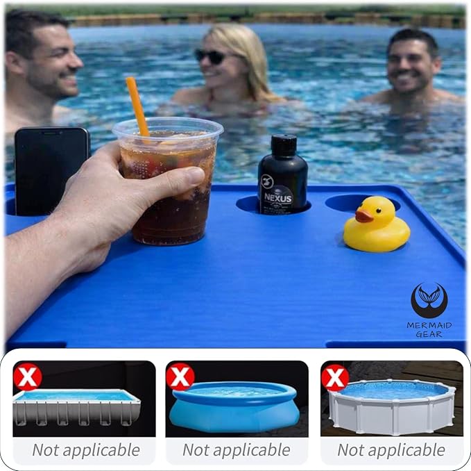 Adjustable Swimming Pool Table Serving Tray - Swim Pool Deck Patio Bar 4 Beverage Drink Cup Holders 2 Cell Phone Outdoor Portable Side UV Weather Resistant Above Ground Fountain