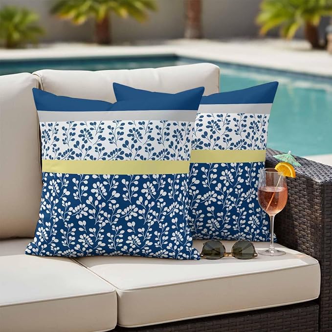 Blue Yellow Outdoor Pillow Covers 24x24 Inch Throw Pillow Covers Set of 2 Waterproof Decorative Pillow Cases Botanical Floral Motifs Wildflower Striped Cushion Covers for Patio Furniture Garden Couch